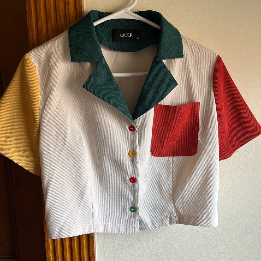 Cider Patchwork Collar Short Sleeve Blouse